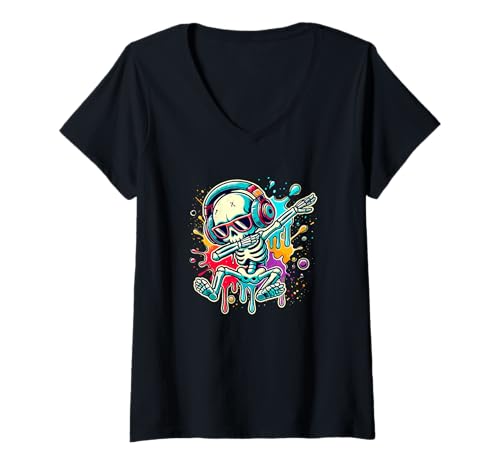 Damen Halloween Splash Art Dabender Skelett Kopfhörer T-Shirt mit V-Ausschnitt Damen Halloween Splash Art Dabender Skelett Kopfhörer T-Shirt mit V-Ausschnitt von Skull Lover Gifts