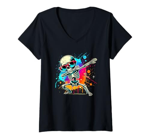 Damen Halloween Splash Art Dabender Skelett Sonnenbrille T-Shirt mit V-Ausschnitt Damen Halloween Splash Art Dabender Skelett Sonnenbrille T-Shirt mit V-Ausschnitt von Skull Lover Gifts