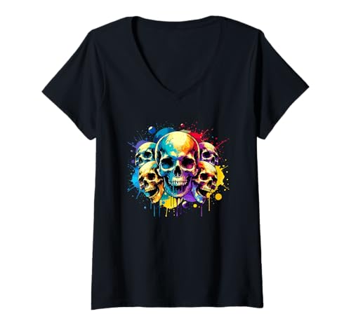 Damen Halloween Splash Art Schädel Gruselig T-Shirt mit V-Ausschnitt von Skull Lover Gifts