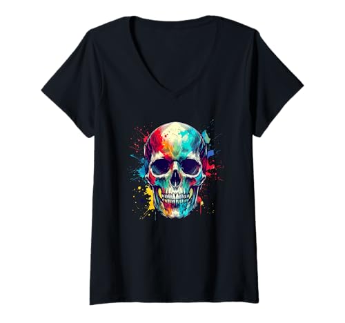 Damen Halloween Splash Art Schädel Gruselig T-Shirt mit V-Ausschnitt Damen Halloween Splash Art Schädel Gruselig T-Shirt mit V-Ausschnitt von Skull Lover Gifts