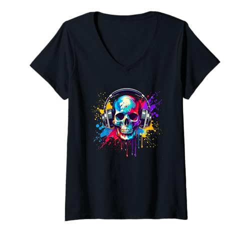 Damen Halloween Splash Art Schädel Kopfhörer T-Shirt mit V-Ausschnitt Damen Halloween Splash Art Schädel Kopfhörer T-Shirt mit V-Ausschnitt von Skull Lover Gifts