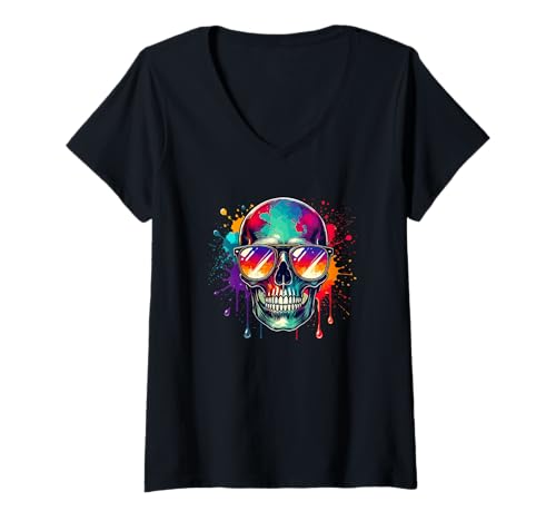 Damen Halloween Spritzkunst Schädel Sonnenbrille T-Shirt mit V-Ausschnitt Damen Halloween Spritzkunst Schädel Sonnenbrille T-Shirt mit V-Ausschnitt von Skull Lover Gifts