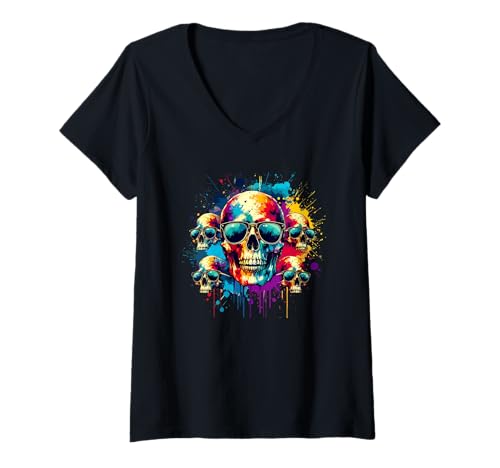 Damen Halloween Spritzkunst Schädel Sonnenbrille T-Shirt mit V-Ausschnitt Damen Halloween Spritzkunst Schädel Sonnenbrille T-Shirt mit V-Ausschnitt von Skull Lover Gifts