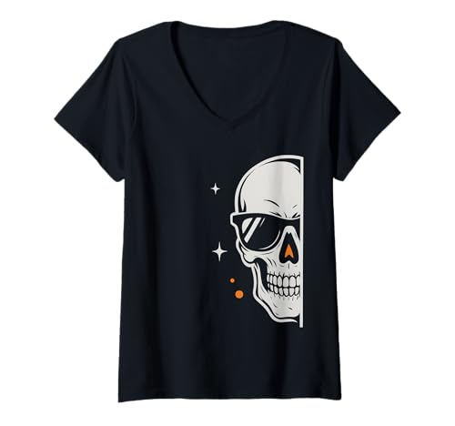 Damen Lustiger Cooler Totenkopf mit Sonnenbrille, Halloween-Party T-Shirt mit V-Ausschnitt Damen Lustiger Cooler Totenkopf mit Sonnenbrille, Halloween-Party T-Shirt mit V-Ausschnitt von Skull Style Halloween Night