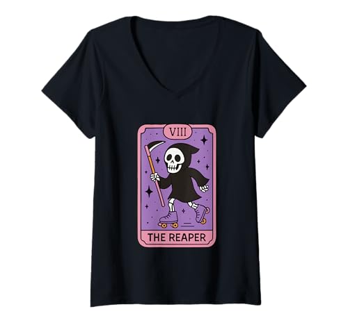 Damen The Reaper Rollschuh-Tarotkarte T-Shirt mit V-Ausschnitt von Skull Tarot Roller Skating Reaper