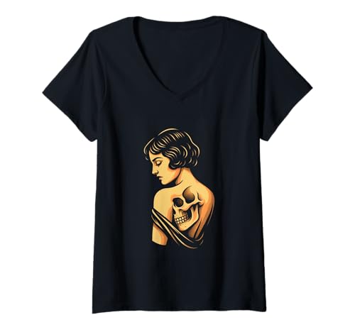 Damen Vintage Totenkopf Tattoo Elegant Gothic Frau Retro Horror Kunst T-Shirt mit V-Ausschnitt Damen Vintage Totenkopf Tattoo Elegant Gothic Frau Retro Horror Kunst T-Shirt mit V-Ausschnitt von Skull Woman Vintage Gothic Horror Tattoo Style Tee