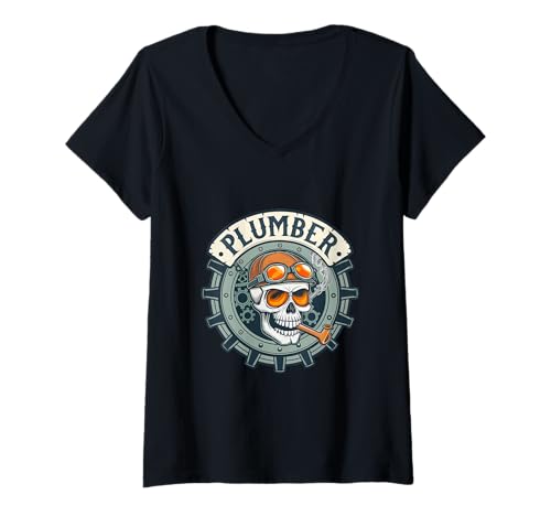 Damen Klempner Schädel Steampunk Gear Art T-Shirt mit V-Ausschnitt von Skull Wrench Works