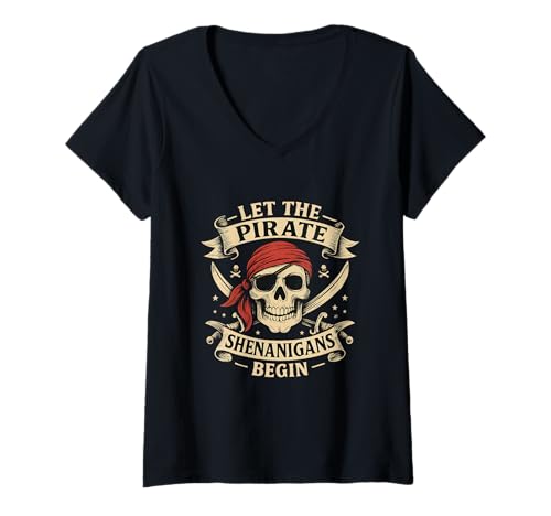 Damen Lasst die Piratenspiele beginnen: Halloween-Totenkopfknochen T-Shirt mit V-Ausschnitt Damen Lasst die Piratenspiele beginnen: Halloween-Totenkopfknochen T-Shirt mit V-Ausschnitt von Skull and Sails Co.