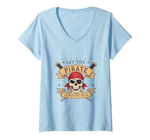 Damen Piratenschädel Shenanigans Abenteuer T-Shirt mit V-Ausschnitt Damen Piratenschädel Shenanigans Abenteuer T-Shirt mit V-Ausschnitt von Skull and Sails Co.