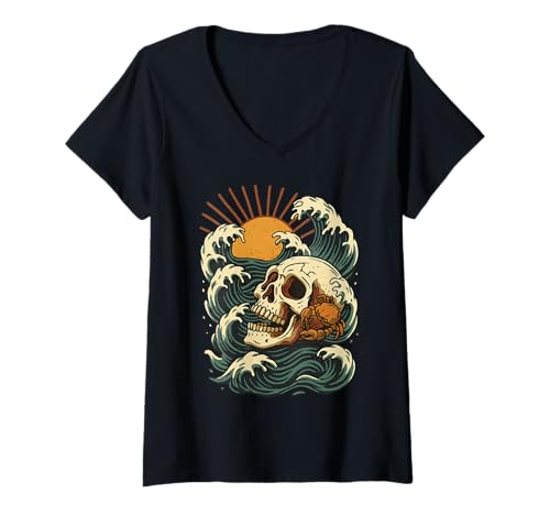 Damen Streetwear Totenkopf mit stürzenden Meereswellen T-Shirt mit V-Ausschnitt Damen Streetwear Totenkopf mit stürzenden Meereswellen T-Shirt mit V-Ausschnitt von Skull and water waves in Japan street style