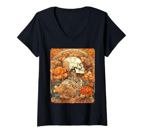 Damen Jugendstil-Design mit Kranium und orangefarbenen Rosen T-Shirt mit V-Ausschnitt Damen Jugendstil-Design mit Kranium und orangefarbenen Rosen T-Shirt mit V-Ausschnitt von Skulls With Roses Gifts & Tees by taiche
