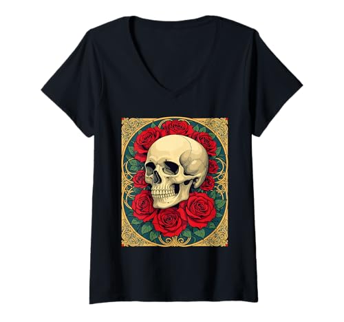 Damen Jugendstil Rote Rosen und Skelettschädel T-Shirt mit V-Ausschnitt Damen Jugendstil Rote Rosen und Skelettschädel T-Shirt mit V-Ausschnitt von Skulls With Roses Gifts & Tees by taiche