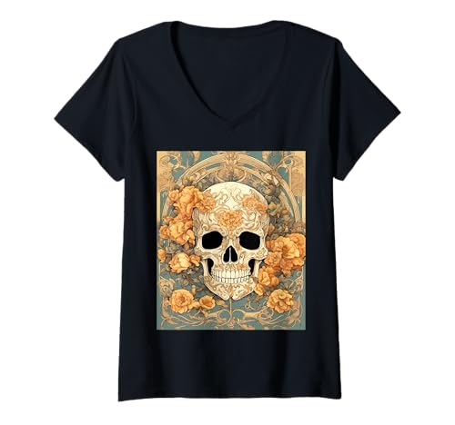 Damen Schädel- und pfirsichfarbene Rosen im Jugendstil-Design T-Shirt mit V-Ausschnitt Damen Schädel- und pfirsichfarbene Rosen im Jugendstil-Design T-Shirt mit V-Ausschnitt von Skulls With Roses Gifts & Tees by taiche