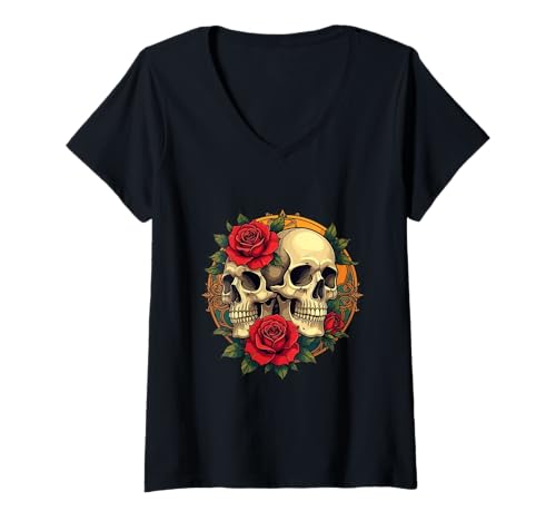 Damen Totenkopfgesichter mit roten Rosen T-Shirt mit V-Ausschnitt von Skulls With Roses Gifts & Tees by taiche
