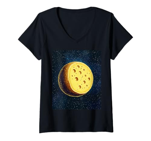 Damen Käse Mond Weltraum Humor Kunst T-Shirt mit V-Ausschnitt von Skurriler Käse Mond