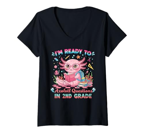 Damen Niedliche Axolotl-Fragen für Zweitklässler Mädchen Lustig T-Shirt mit V-Ausschnitt von Skurriles Design für die zweite Klasse – Zurück