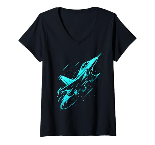 Damen Kampfflugzeug im Retro-Stil T-Shirt mit V-Ausschnitt von Sky-Guardians