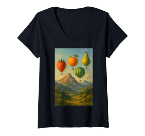 Damen Surreal Fruit Heißluftballon Landschaft T-Shirt mit V-Ausschnitt Damen Surreal Fruit Heißluftballon Landschaft T-Shirt mit V-Ausschnitt von Sky Harvest