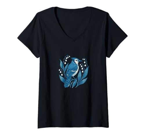 Damen Blue Jay und Maiglöckchen Vogelbeobachtung Natur Kunst T-Shirt mit V-Ausschnitt Damen Blue Jay und Maiglöckchen Vogelbeobachtung Natur Kunst T-Shirt mit V-Ausschnitt von Sky Petal Nature Studios