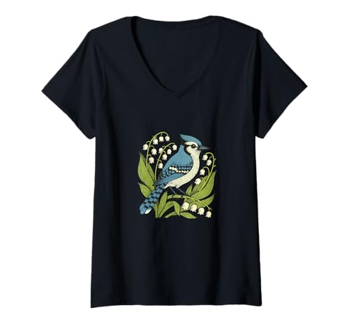 Damen Blue Jay und Maiglöckchen Vogelbeobachtung Natur Kunst T-Shirt mit V-Ausschnitt Damen Blue Jay und Maiglöckchen Vogelbeobachtung Natur Kunst T-Shirt mit V-Ausschnitt von Sky Petals Nature Studios