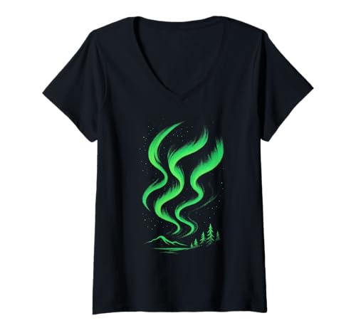 Damen Aurora Lights Graffiti-Straßenkunstwerk T-Shirt mit V-Ausschnitt von Sky Street
