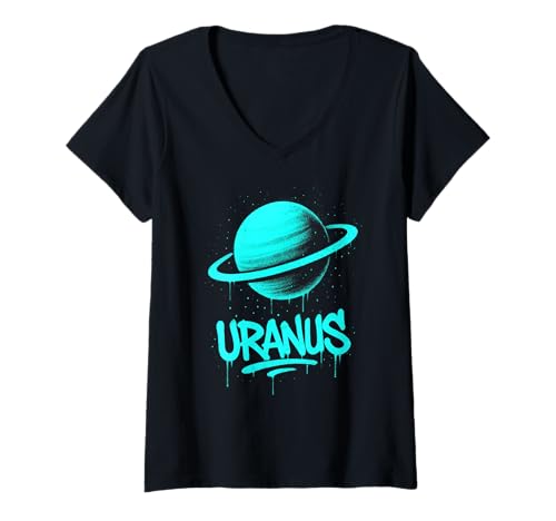 Damen Kosmisches Uranus-Graffiti-Kunstwerk T-Shirt mit V-Ausschnitt von Sky Street