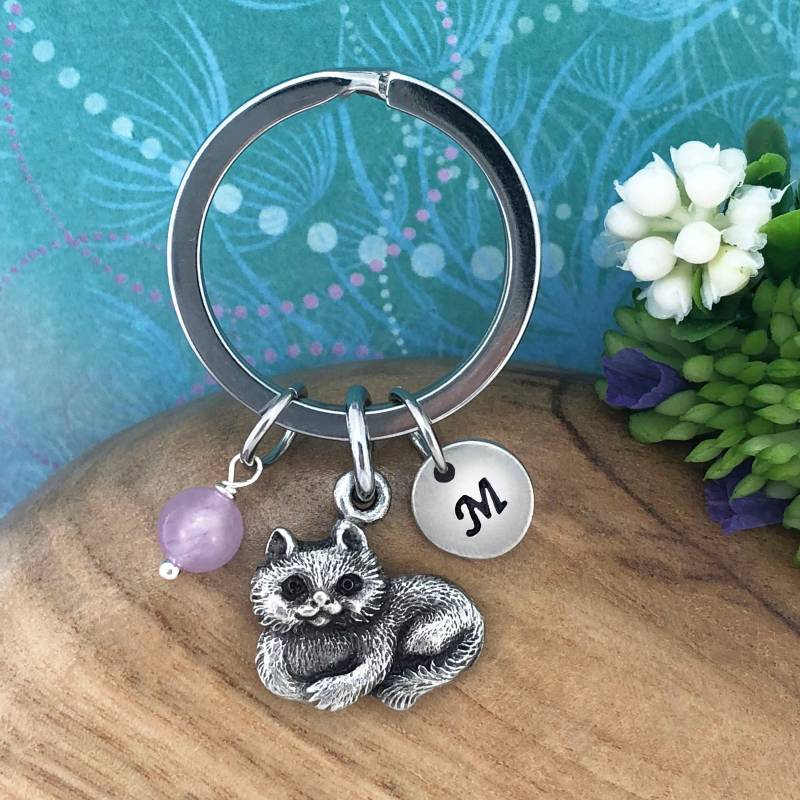 Katze Schlüsselbund, Flauschige Charme, Personalisierte Anfang Optional Natürliche Edelstein 100% Echtes Festes Zinn von SkyRoyalStudios