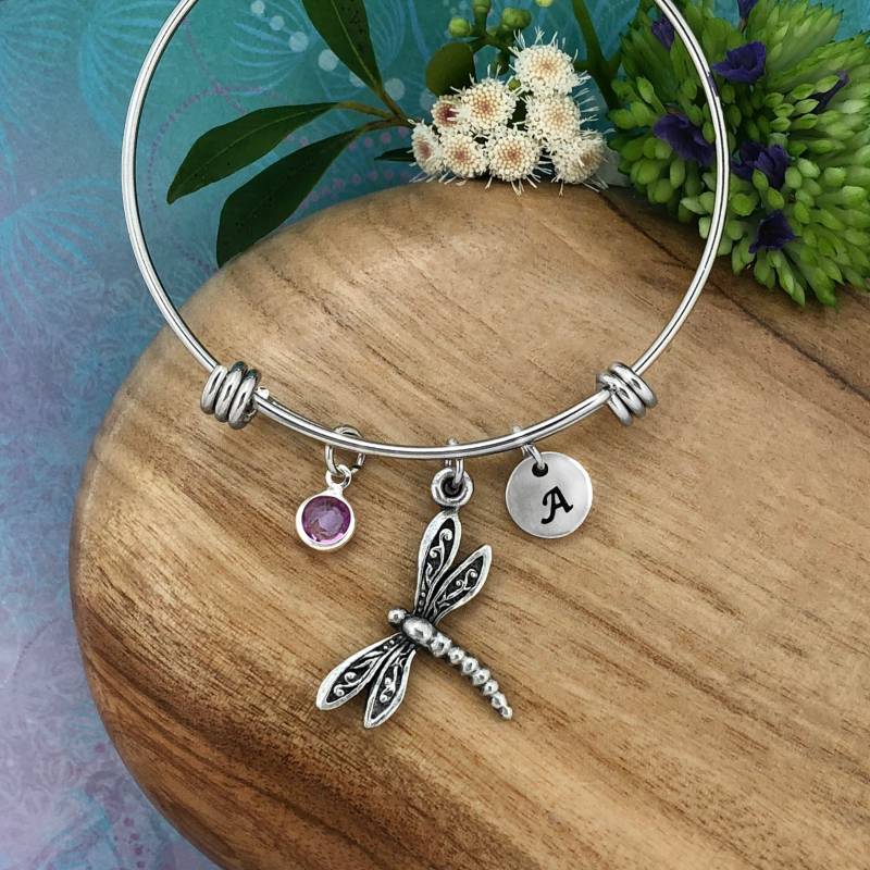 Libelle Armband, Schmuck, Verstellbarer Armreif, Kristall Geburtsstein, Personalisierte Hand Gestempelt Initiale, 100% Echtes Massives Zinn von SkyRoyalStudios