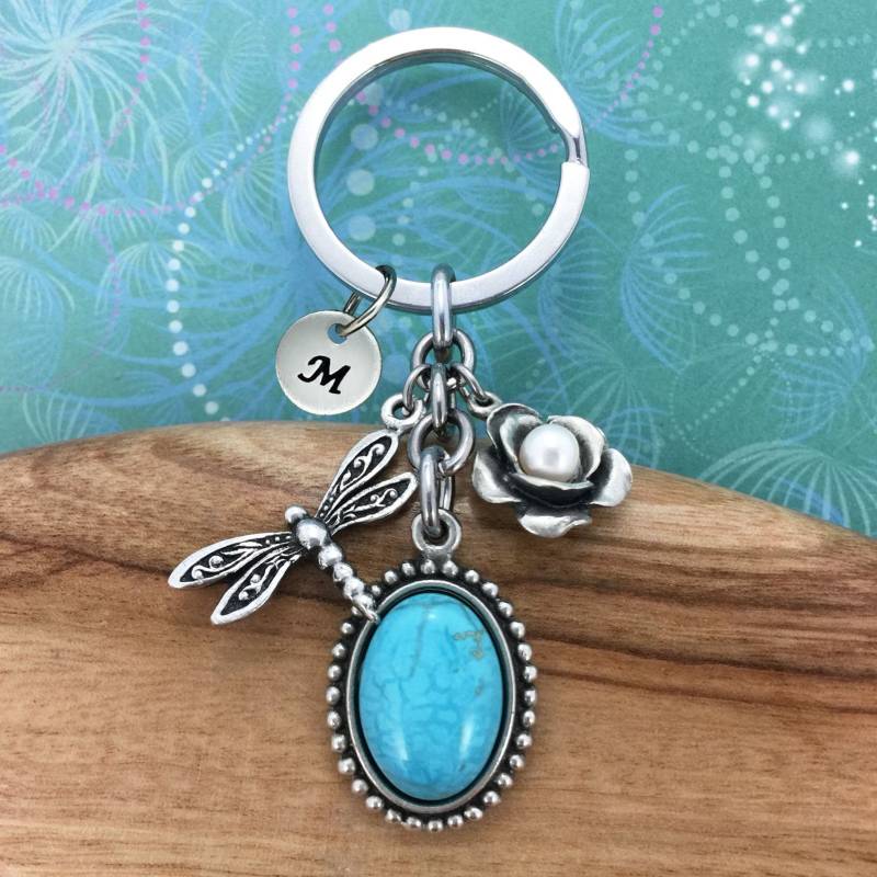 Rose Keychain, Türkis Magnesit Edelstein, Personalisierte Initiale, Schmuck, Geschenk Für Sie, Schöne Schlüsselringe von SkyRoyalStudios