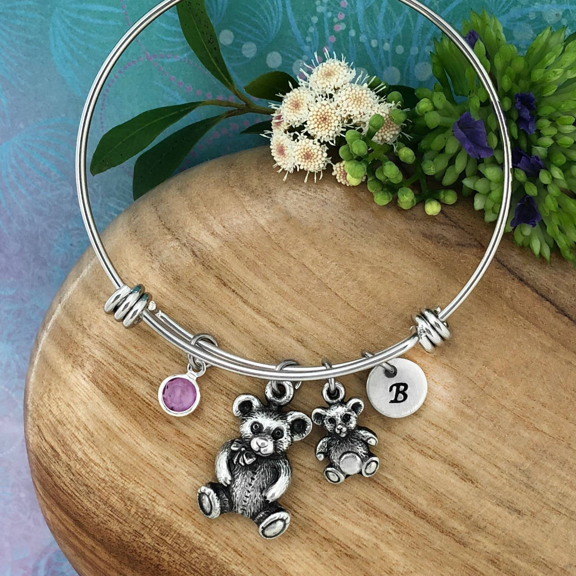 Teddybären Armband, Mutter & Baby, Verstellbarer Armreif, Kristall Geburtsstein, Hand Gestempelt Initiale, Und Baby Schmuck, Geschenk Für Mama von SkyRoyalStudios
