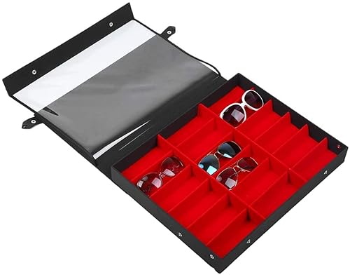 Skybook Brillenbox für 18 Brillen Aufbewahrungsbox und Ständer für Haus und Geschäft Organizer für Brillen Sonnenbrillen und Lesebrillen 47,5 x 37,5 x 6cm (transparente Abdeckungen Schwarz-rot) von Skybook