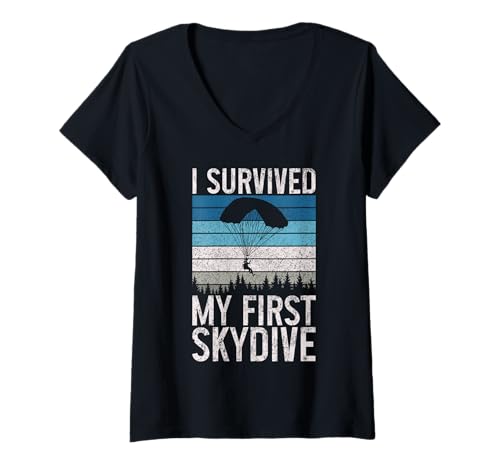 Damen Fallschirmspringen Vintage First Sky Diving Diver Skydiver T-Shirt mit V-Ausschnitt von Skydiving Apparel & Gifts