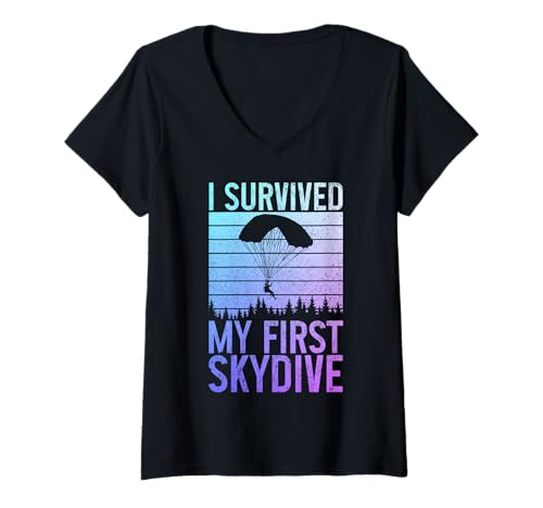 Damen Fallschirmspringen Vintage First Sky Diving Diver Skydiver T-Shirt mit V-Ausschnitt von Skydiving Apparel & Gifts