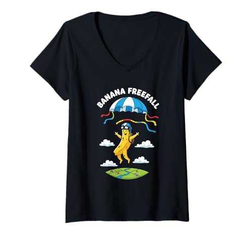 Damen Skurrile Fallschirm-Banane Freefall Funny Fallschirmbananen T-Shirt mit V-Ausschnitt Damen Skurrile Fallschirm-Banane Freefall Funny Fallschirmbananen T-Shirt mit V-Ausschnitt von Skydiving Bananas Parachuting