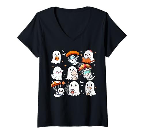 Damen Boo Activities Halloween Skydiving Book Cat Dog Lover T-Shirt mit V-Ausschnitt von Skydiving Halloween Costume