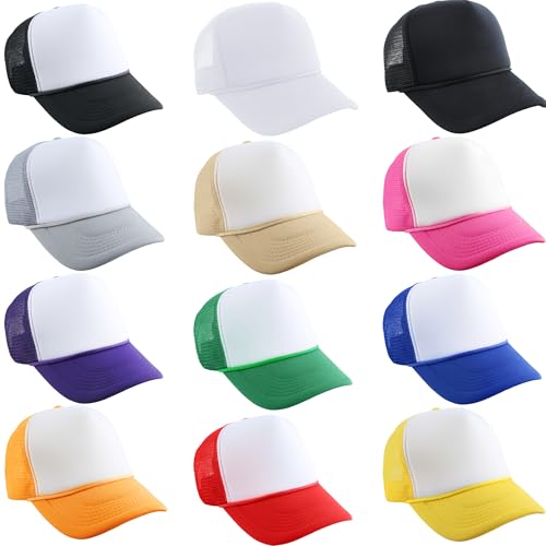 Skyebed 12 Stück DIY Blank Trucker Cap Mesh Sublimation Hut mit Seil Verstellbare Sommer Baseball Cap für Erwachsene Männer Frauen Reiten Reisen Camping Outdoor Sport, Farbset 2, Einheitsgröße von Skyebed