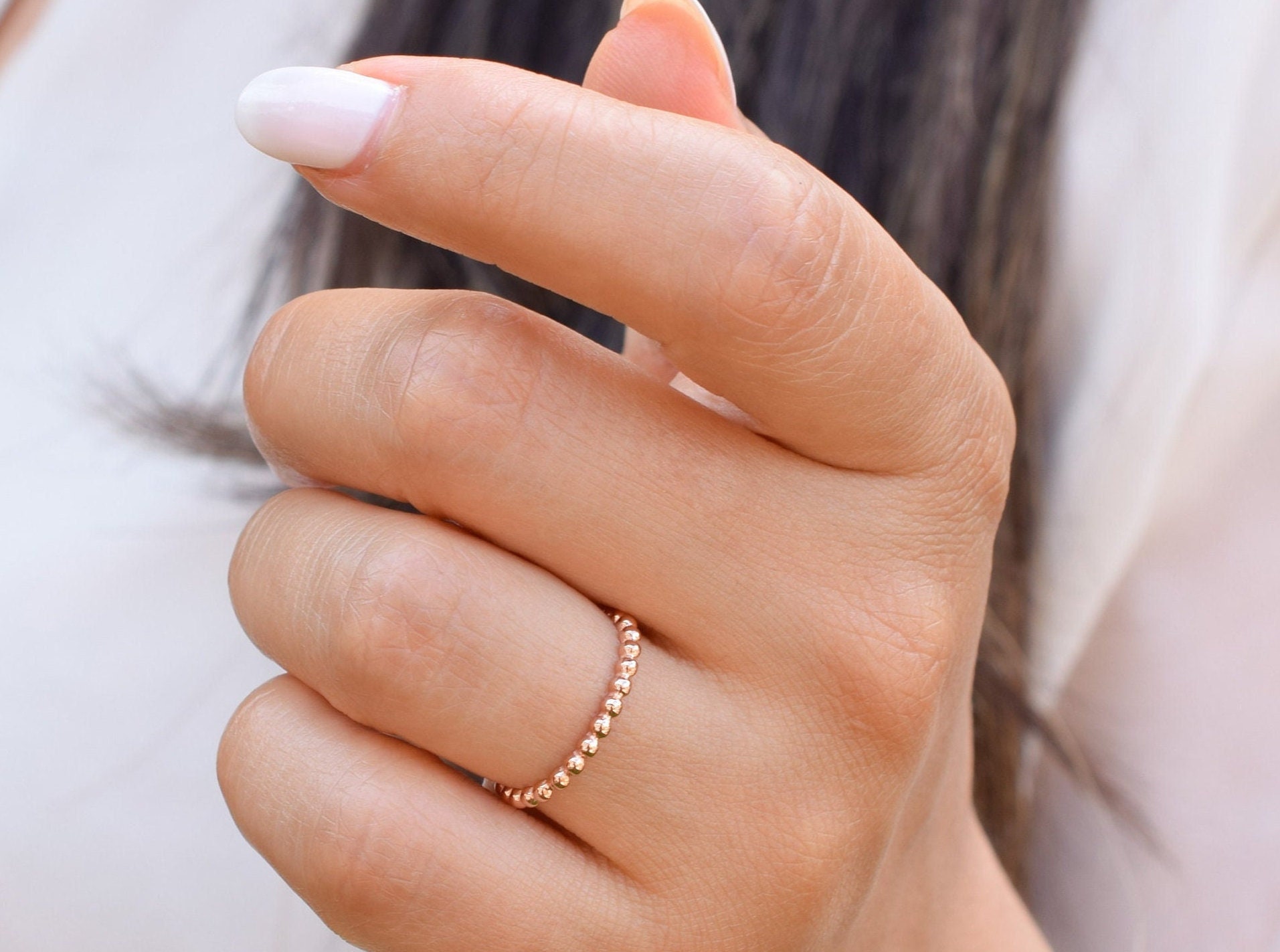 14K Solid Rose Gold Ball Ring 1, 8 Mm, Stapelring, Perlenring, Volle Eternity Band, Ballring, Ehering, Stapelbar Ring, Geschlagen von Skyjwels