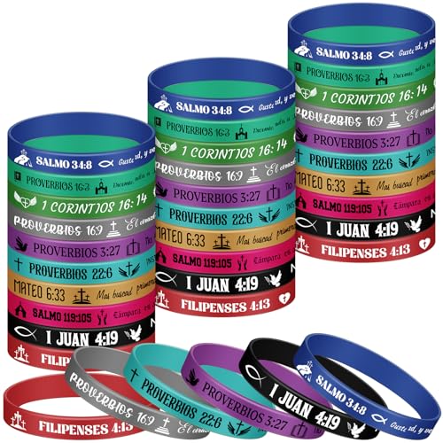 Skylety 60 Stück spanische christliche Armbänder Pulsera Con Versículo Bíblico Bibelvers Motivierende Gummi-Armbänder Silikon inspirierende Verse Armbänder christliches Geschenk für Damen Herren von Skylety