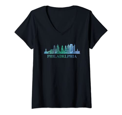 Damen Skyline von Philadelphia T-Shirt mit V-Ausschnitt von Skylines of America