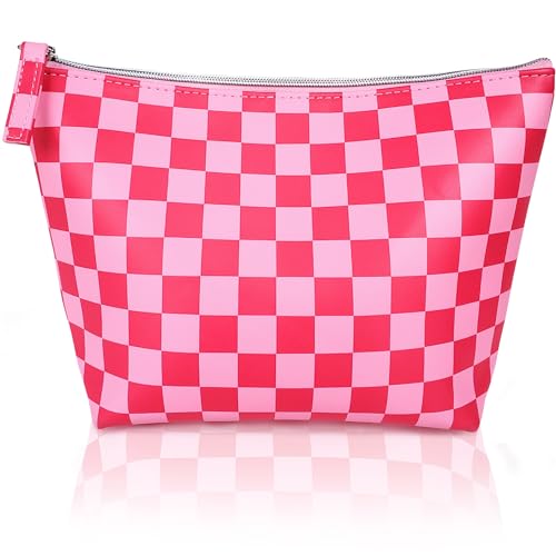 Make-up-Tasche mit Reißverschluss, Reise-Kosmetik-Organizer für Frauen und Mädchen, kleine Kulturbeutel, Aufbewahrungskoffer für Geldbörse, Zubehör, niedliche Mädchensachen, Pink, Rosa karierte von Skyvora