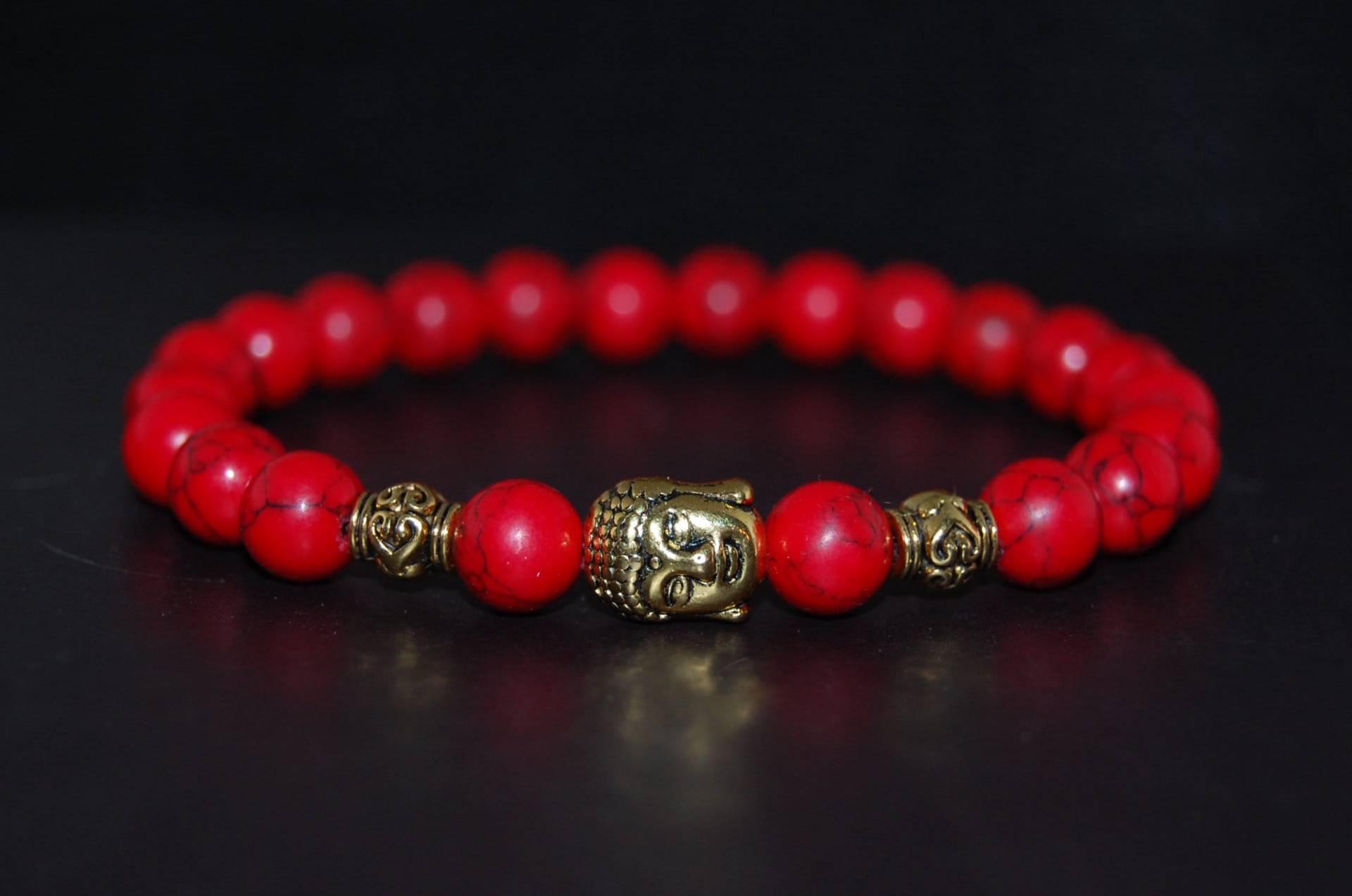 Buddha Armband, Rotes Howlith Armband, 8mm Edelstein Perlen, Happy Armband, Männer, Frauen, Rotes Armband, Buddha Kopf Armband, Geschenk von SkywaterStudio
