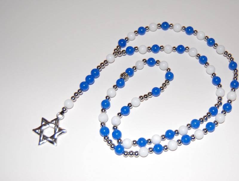 Davidstern Halskette, Blaue Und Weiße Edelstein Rosenkranz Gebetskette von SkywaterStudio