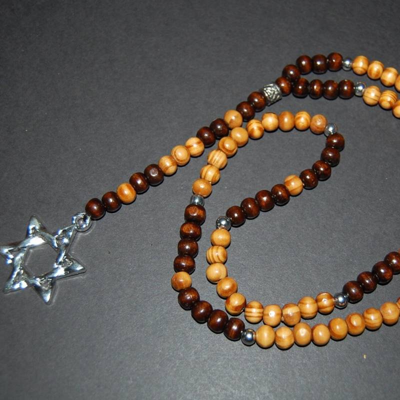 Davidstern Rosenkranz Halskette, Schmuck, Kiefernholz Perlen, Silber Charm, Spirituelle, Gebet, Männer, Frauen, Viel Glück von SkywaterStudio