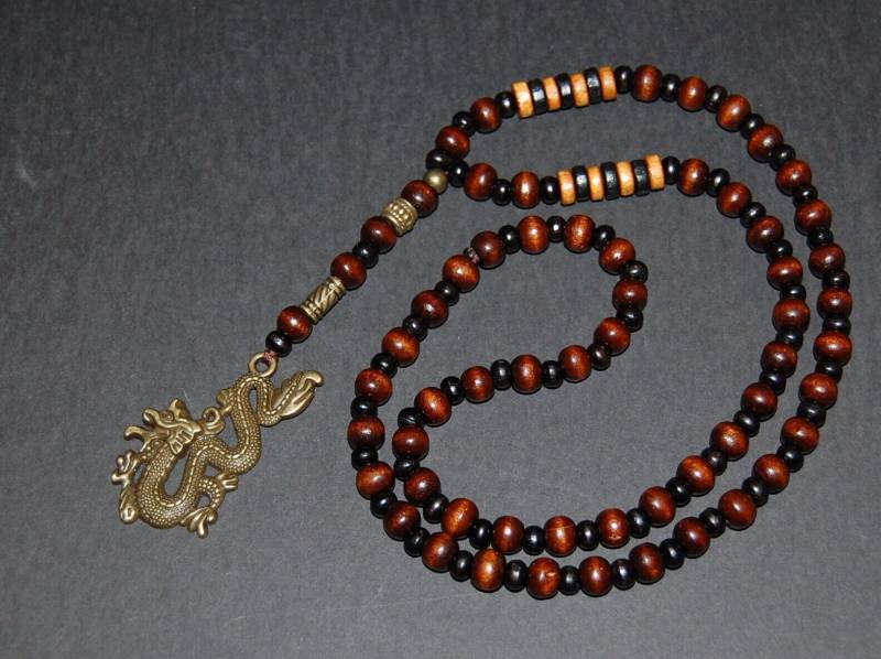 Drachen Halskette, Dragon Rosenkranz Halskette, Holz Holz Halskette, Bronze Drache, Gebetskette, Schutz, Holz Perlen, Dragon Jahr von SkywaterStudio