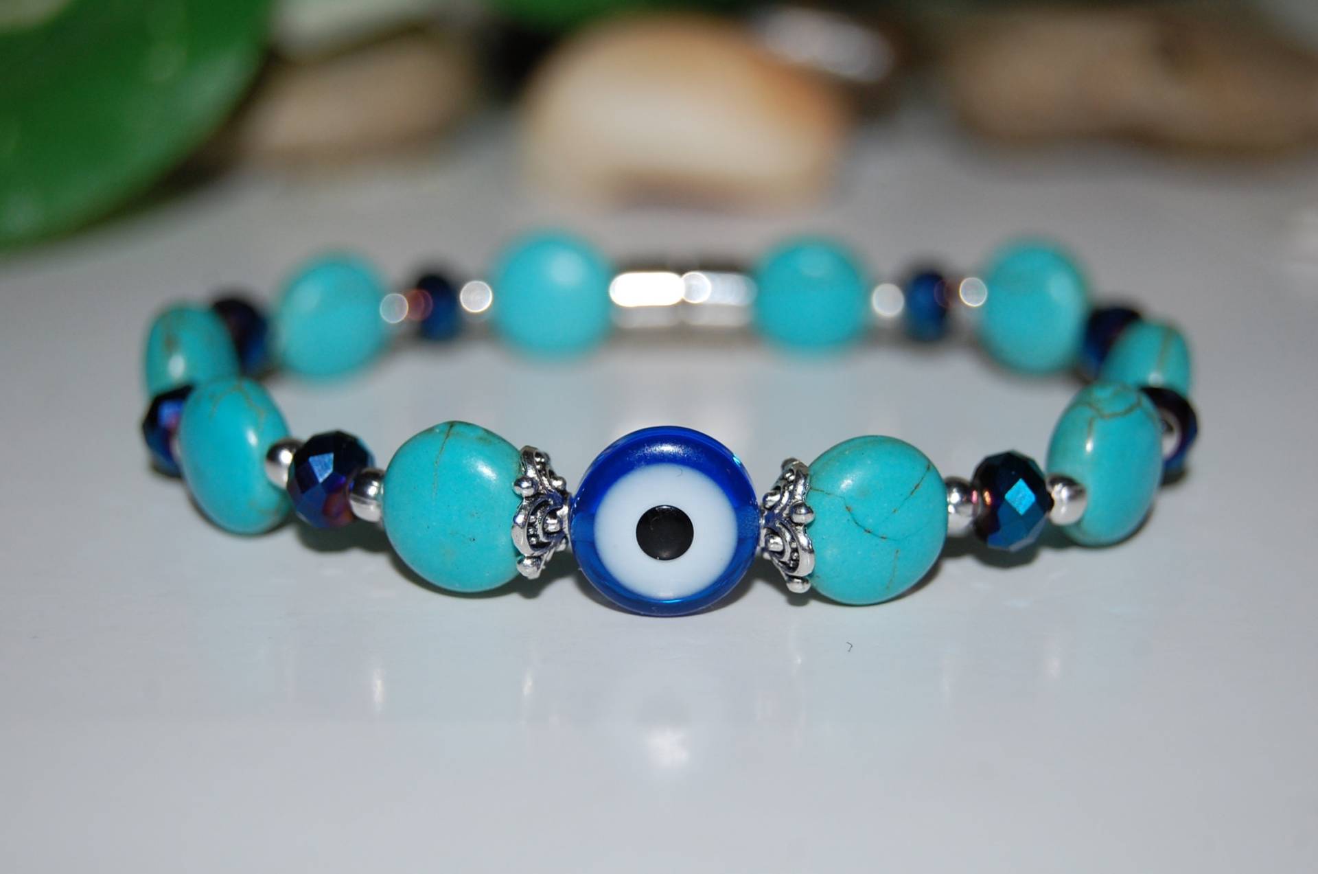 Evil Eye Armband, Türkis Perlen, Magnetverschluss Armband, Blue Armband, Männer, Frauen, Lindern, Schutz, Meditation, Yoga, Boho, Geschenk von SkywaterStudio