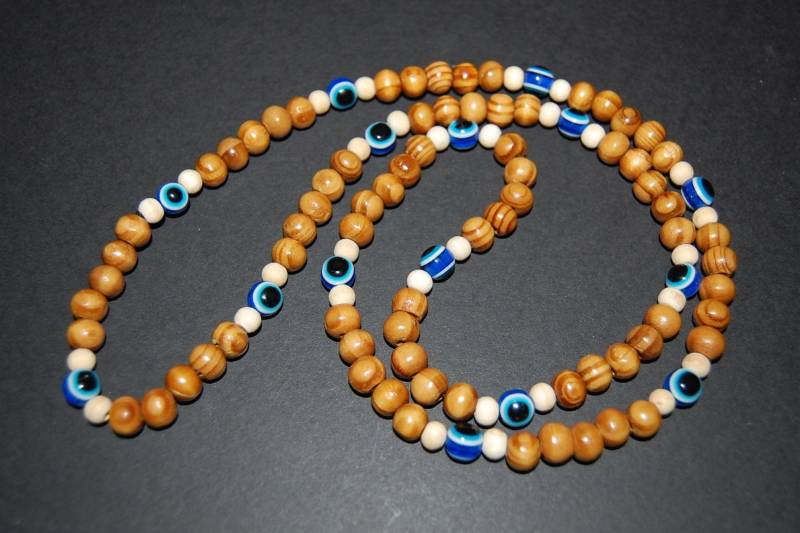 Evil Eye Halskette, Holz Kiefernholz 8 Mm Perlen, 30 "Lange Hamsa Herren, Beten, Spiritualität, Meditation, Yoga, Schutz Evil Eye Halskette, Holz Kiefernholz 8 Mm Perlen, 30 "Lange Hamsa Herren, Beten, Spiritualität, Meditation, Yoga, Schutz von SkywaterStudio
