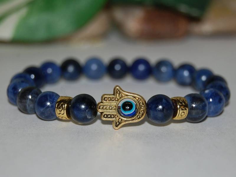 Hamsa Hand Armband, Evil Eye Armband, Blauer Lapis Armband, Edelstein 8mm Perlen, Hamsa Armband Blau, Männer, Frauen, Perlen Schmuck, Yoga, Beten von SkywaterStudio