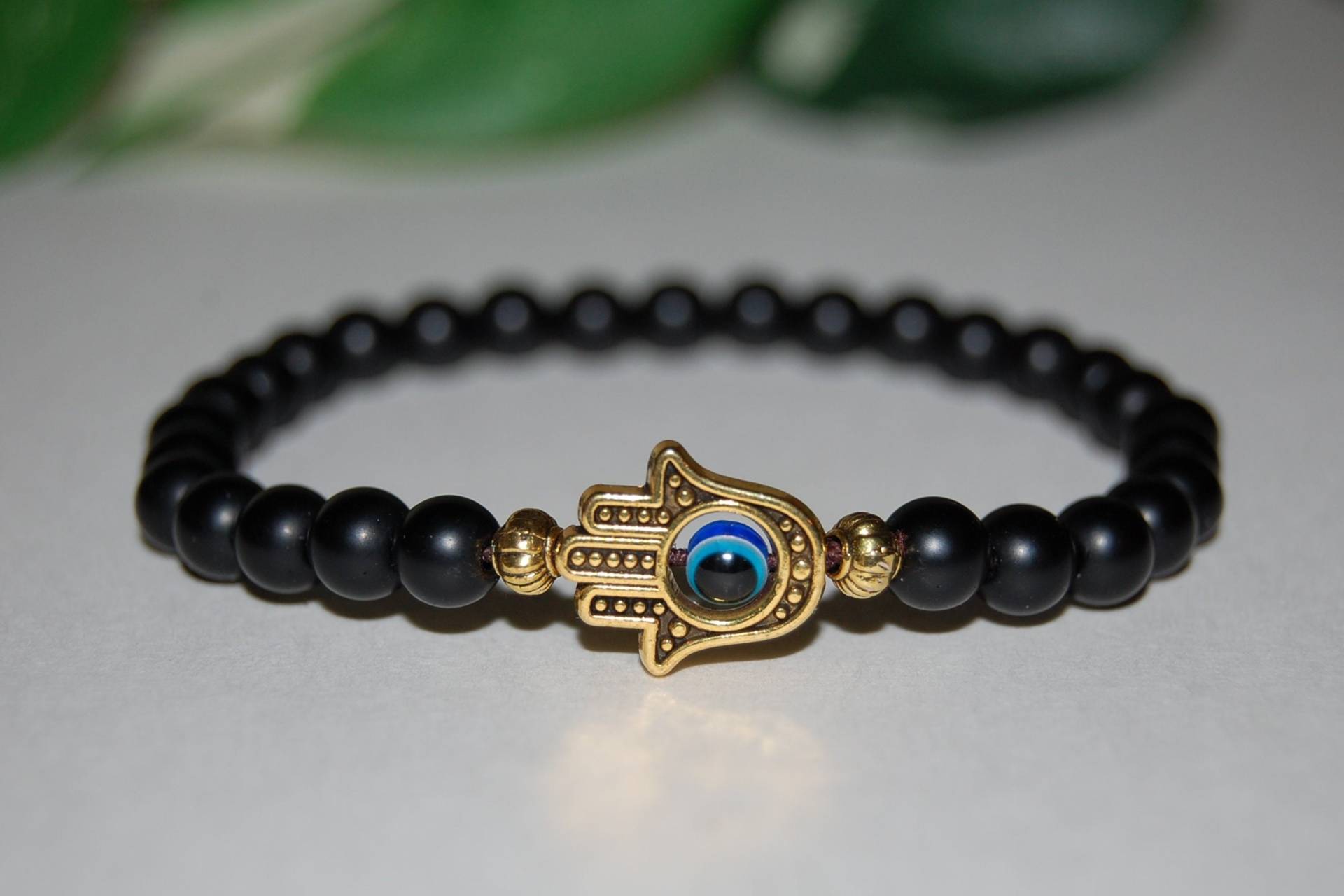 Hamsa Hand Armband, Onyx Armband, 6mm Schwarz Onyx Stein Perlen, Evil Eye Armband, Hamsa Armband, Spiritualität, Gebet, Männer, Frauen, Schutz von SkywaterStudio