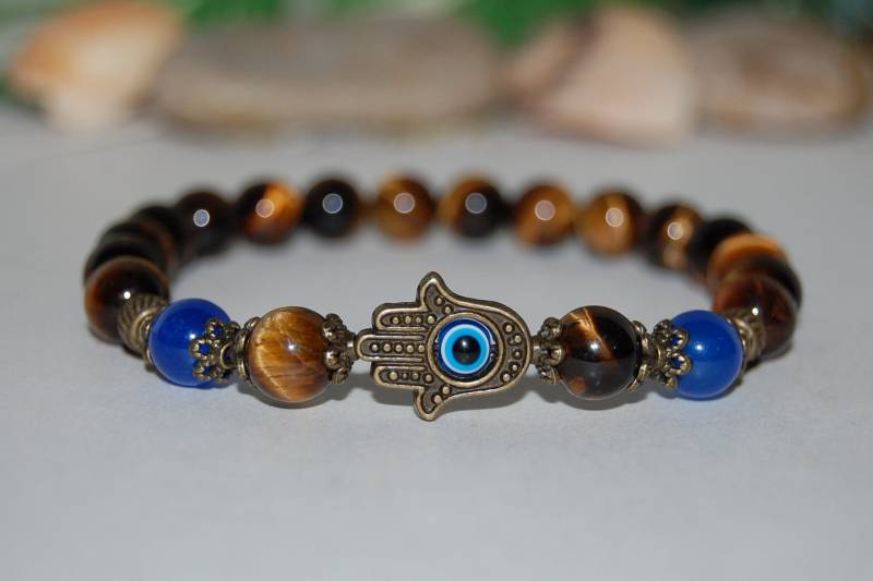 Hamsa Hand Armband, Tigerauge Armband, 8 Mm Tigerauge Edelstein Perlen, Evil Eye Armband, Spiritualität, Gebet, Mann, Frau, Schutz, Tigerauge von SkywaterStudio