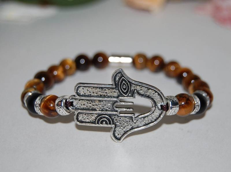 Hamsa Hand Armband, Tigerauge Armband, 8mm Tigerauge Edelstein Perlen, Evil Eye Armband, Magnetverschluss, Spiritualität, Gebet, Schutz, Geschenk von SkywaterStudio
